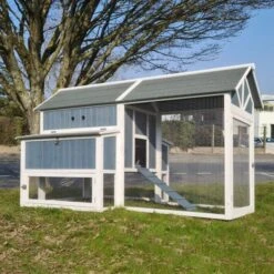 Poulailler Deluxe Bleu Toit Shingle Gris 10 à 12 Poules -Chemin des Poulaillers Boutique poulailler deluxe 12 poules bleu cote face ferme