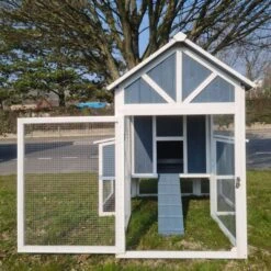 Poulailler Deluxe Bleu Toit Shingle Gris 10 à 12 Poules -Chemin des Poulaillers Boutique poulailler deluxe 12 poules bleu vue face ouvert