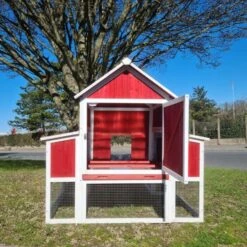 Poulailler Deluxe Rouge Toit Shingle Vert 10 à 12 Poules V3.0 -Chemin des Poulaillers Boutique poulailler deluxe rouge toit vert 12 poules vue arriere ouvert