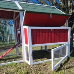 Poulailler Deluxe Rouge Toit Shingle Vert 10 à 12 Poules V3.0 -Chemin des Poulaillers Boutique poulailler deluxe rouge toit vert 12 poules vue enclos ouvert